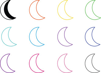 Colorful crescent moon outline icons set in flat vector style for night themes calendars astrology and design projects