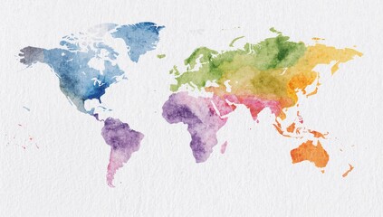 Decorative watercolor world map illustration, education and travel theme