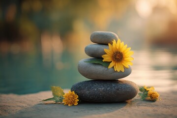 Relax and rejuvenate on National Relaxation Day with soothing stones and vibrant sunflowers by the tranquil water