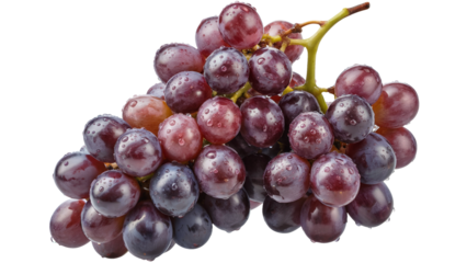 Fresh purple grapes cluster with dew drops on white background healthy food and snack concept PNG.