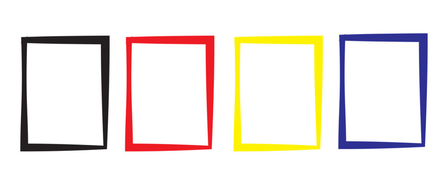 Hand drawn colorful rectangle border frames set in black red yellow and blue for photo presentation.