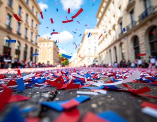 Obraz premium Festive red, white, and blue confetti showers a city street during a vibrant celebration, creating a joyful and dynamic atmosphere.