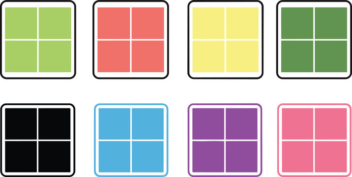 Colorful four square grid icons set in flat vector style for dashboards app layouts and user interface design projects