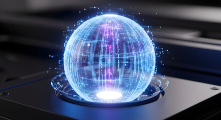 Illuminated holographic digital sphere displaying intricate blue and purple binary data streams hovers above a dark metallic surface.