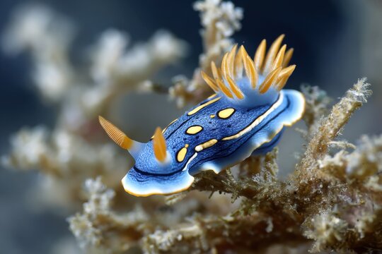 Colorful sea slug dorid nudibranch Chromodoris crawling on coral reef in a tropical ocean, showcasing vibrant blue and orange colors in a serene underwater setting