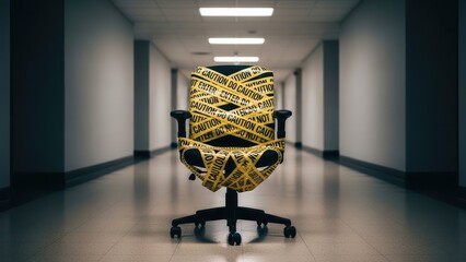Office chair wrapped in yellow caution tape in a long hallway.