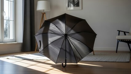 Open black umbrella indoors on a wooden floor with sunlight streaming through a window.