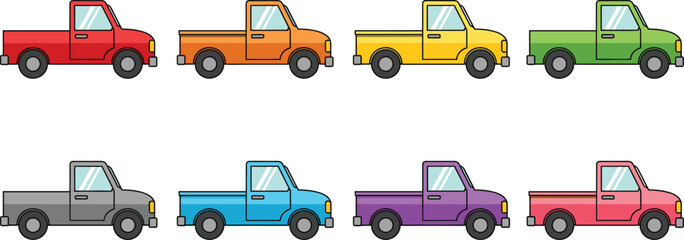 Colorful pickup truck icons set in flat cartoon vector style for transportation delivery apps games and automotive design projects