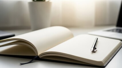 Open notebook with pen and laptop on a desk, representing work or study.