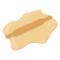 Wooden rolling pin rolls out dough, isolated vector illustration