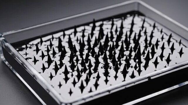 A close-up view of a tray filled with numerous black eyelash extensions on a white background, neatly organized and arranged in rows, on a dark surface, used for beauty or cosmetic purposes