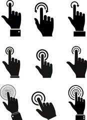 Obraz premium A series of stylized black hand icons illustrating various touch and gesture actions, suitable for digital interface design.