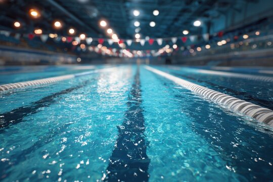 Closeup view of clear water lanes in an indoor swimming pool during a training session at a local sports facility