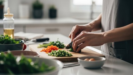 Person chopping fresh vegetables on a wooden cutting board in a bright kitchen.