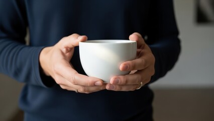Person Holding a White Ceramic Cup Filled with Hot Beverage.