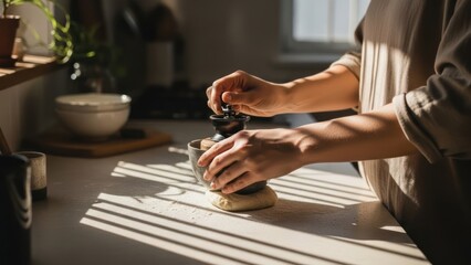 Person preparing coffee using a French press in a sunlit kitchen.