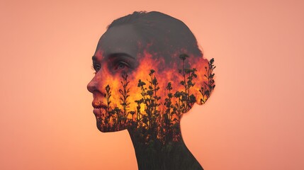 A striking double exposure of a woman's profile blended with fiery nature, symbolizing the connection between humanity and the natural world.