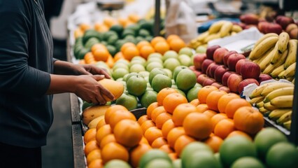 Person selecting fresh oranges from a vibrant fruit stall at a market.