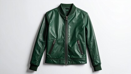 Naklejka premium Green Leather Biker Jacket with Asymmetrical Zipper and Stylish Details on White Background for Fashion Display