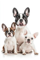 Fototapeta premium A family of Boston Terriers, isolate on white background, showcasing their interactions and fluffy appearances.