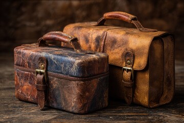 Handmade leather goods displayed in a rustic setting highlighting craftsmanship and quality materials in the evening light