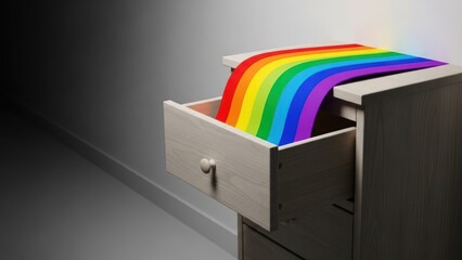 Rainbow emerging from an open filing cabinet drawer.