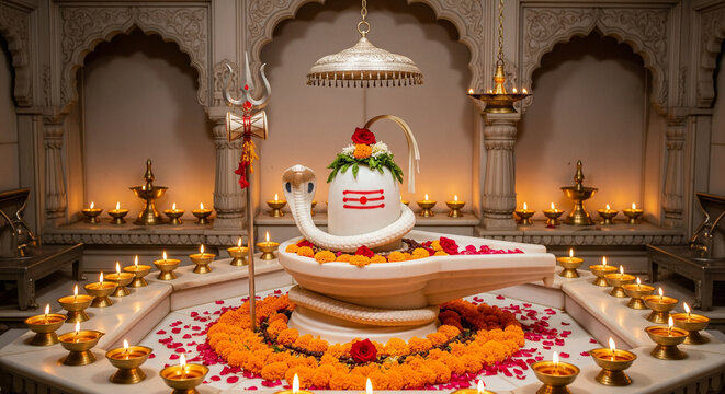 White marble shiva linga with snakes and trishul inside bright temple decorated with flowers for mahadev blessing and shivratri puja