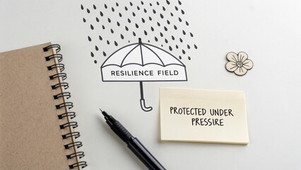 Concept of resilience with umbrella illustration, notebook, flower, and sticky note on a light background for mental health themes