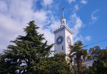 The clock tower of Sochi railway station. Sochi. Krasnodar Krai. Russia