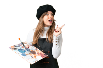 Young artist girl holding a palette over isolated chroma key background intending to realizes the solution while lifting a finger up