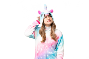 Young girl with unicorn pajamas over isolated chroma key background having doubts and with confuse face expression
