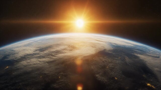 Earth from Space with Sun Rising Over Horizon Showing Atmospheric Layers and Celestial Beauty of Planetary Scale