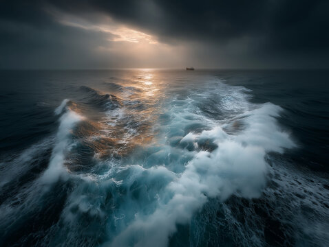Cargo ship in a rough ocean.