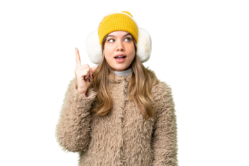 Young girl wearing winter muffs over isolated chroma key background intending to realizes the solution while lifting a finger up