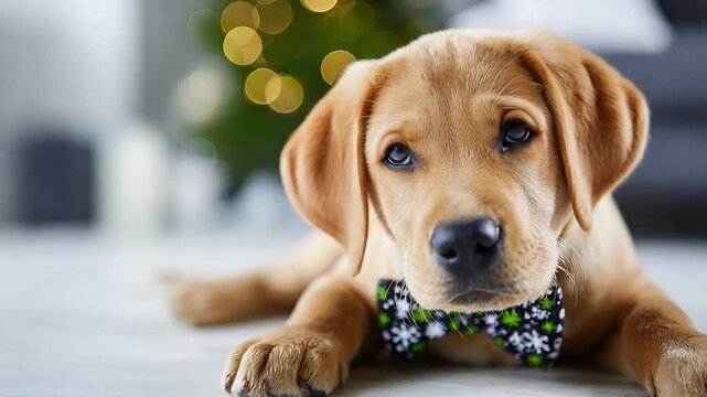 Playful Pup: A charming puppy gazes directly at the viewer, wearing a festive bow tie and showcasing the unconditional warmth and playful affection.