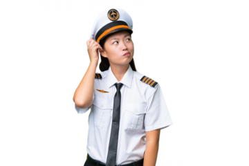 Airplane pilot Asian woman over isolated background having doubts and with confuse face expression
