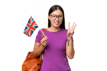 Young Asian woman holding an United Kingdom flag over isolated background happy and counting three with fingers