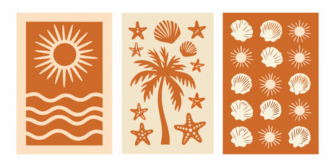 beach themed illustrations of sun sea and palm trees © Kopil