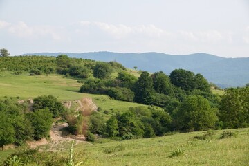 Lush Green Hills Landscape with Mountains in the Distance on a Sunny Day for Backgrounds and Nature Photography 110 chr