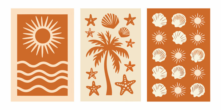 beach themed illustrations of sun sea and palm trees