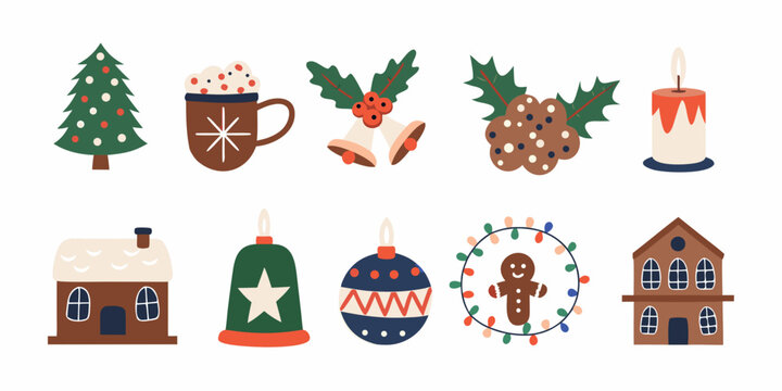 christmas icons and objects on a white background for holiday decoration