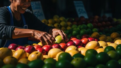 Smiling vendor arranging fresh fruits at a vibrant market stall.
