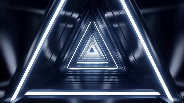 A futuristic tunnel with triangular shaped corridors and neon blue lights in a dark room, creating a sense of depth and technology