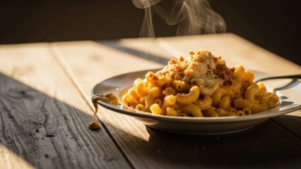 Steaming hot macaroni and cheese with crispy topping on a rustic wooden table.