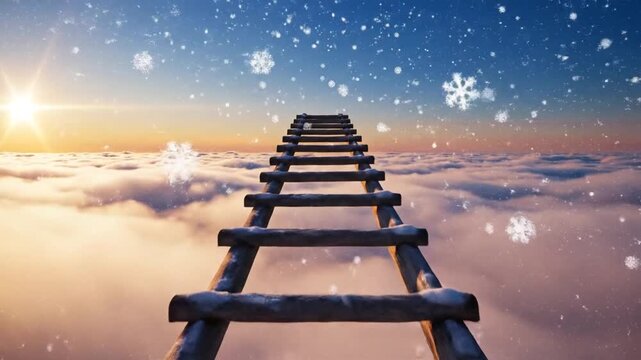 A snowy ladder ascends into clouds at sunrise or sunset