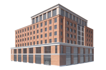 Large red brick office building with white trim and many windows isolated on a transparent background