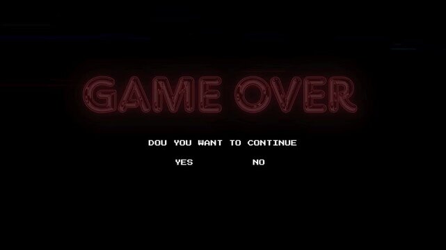 Video game over screen with continue options suitable for video game development, interactive media projects, and game design portfolios.