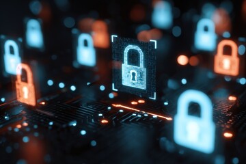 Visual representation of a hacker attack highlighting cybersecurity threats in a digital landscape with locked data and virtual padlocks