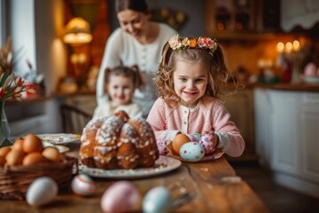 Fototapeta premium Girl decorating Easter eggs with mother in cozy kitchen setting