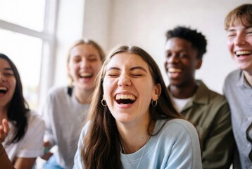 Fototapeta premium Group of young friends laughing together indoors, bright natural light